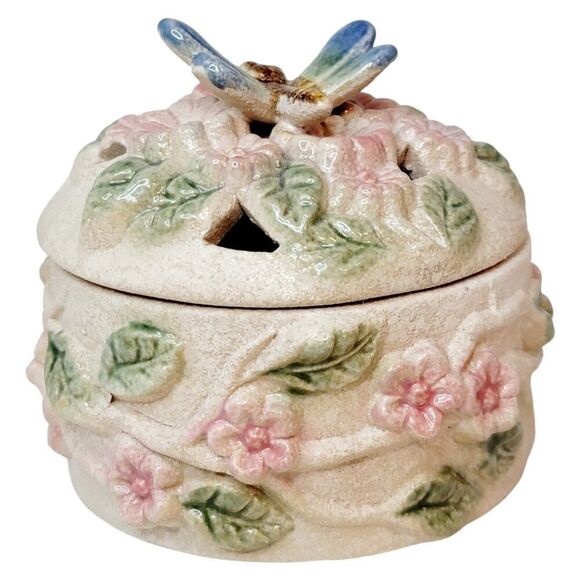 Vintage Potpourri Trinket Box Lidded Jewelry Box With Dragon Fly Floral - Picture 5 of 12